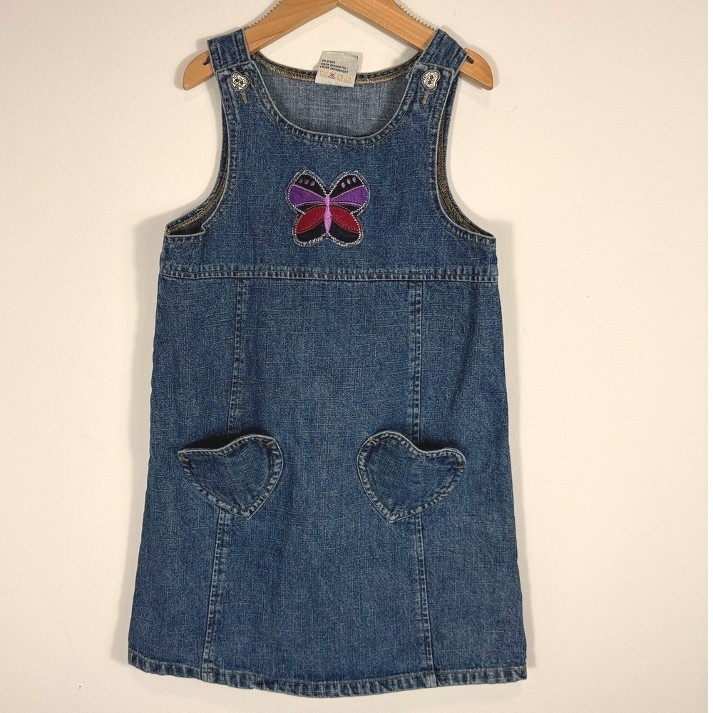 Vintage Toddler Denim Jumper Dress Butterfly Heart Pockets Blue Cotton 3X 731339